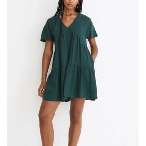 Madewell Lightspun Popover Tiered Mini Dress Smoky Spruce Green NF935 Size S